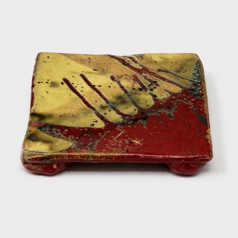 Miller Fine Pottery Studio Art Ceramic Square Footed Red Gold Splatter 6.5in